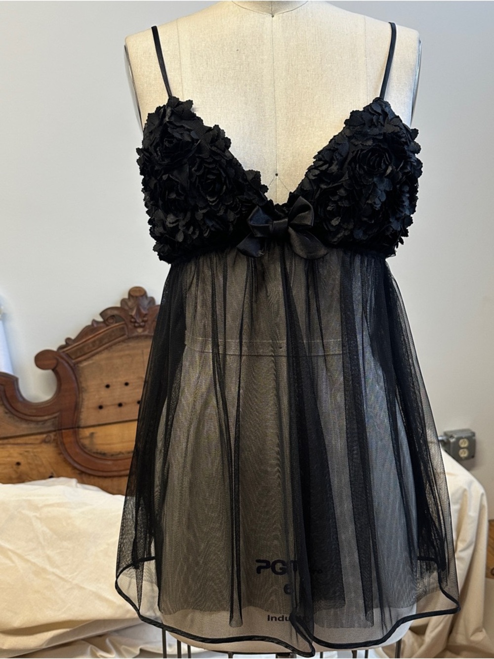 Flora Nikrooz Black Floral Appliqué Sheer Babydoll Camisole